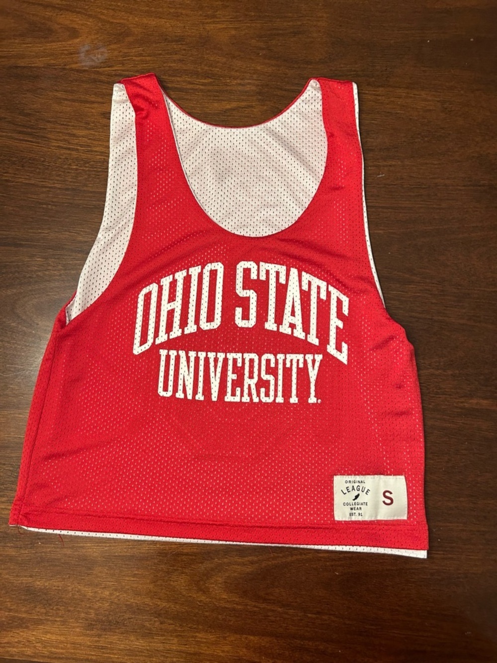 League Red & White Ohio State University Mesh Crop Top